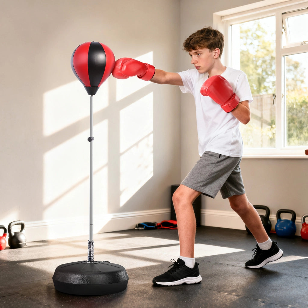 Set Punching Ball da Terra per Adolescenti con Guantoni e Pompa, Altezza Regolabile da 126-144 cm