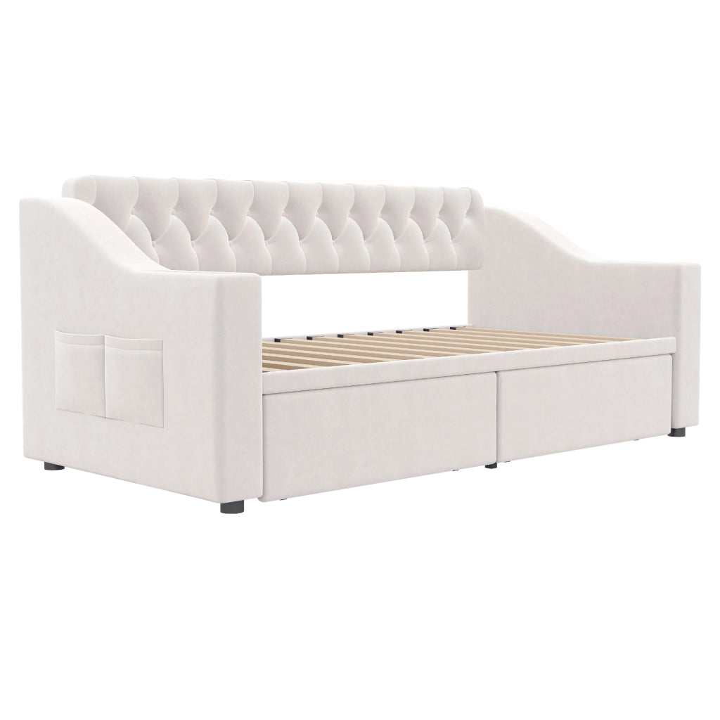 DESMIU Divano letto 90 × 190 cm 1 posto con USB, Type-C, vani contenitore, senza materasso, in velluto, beige