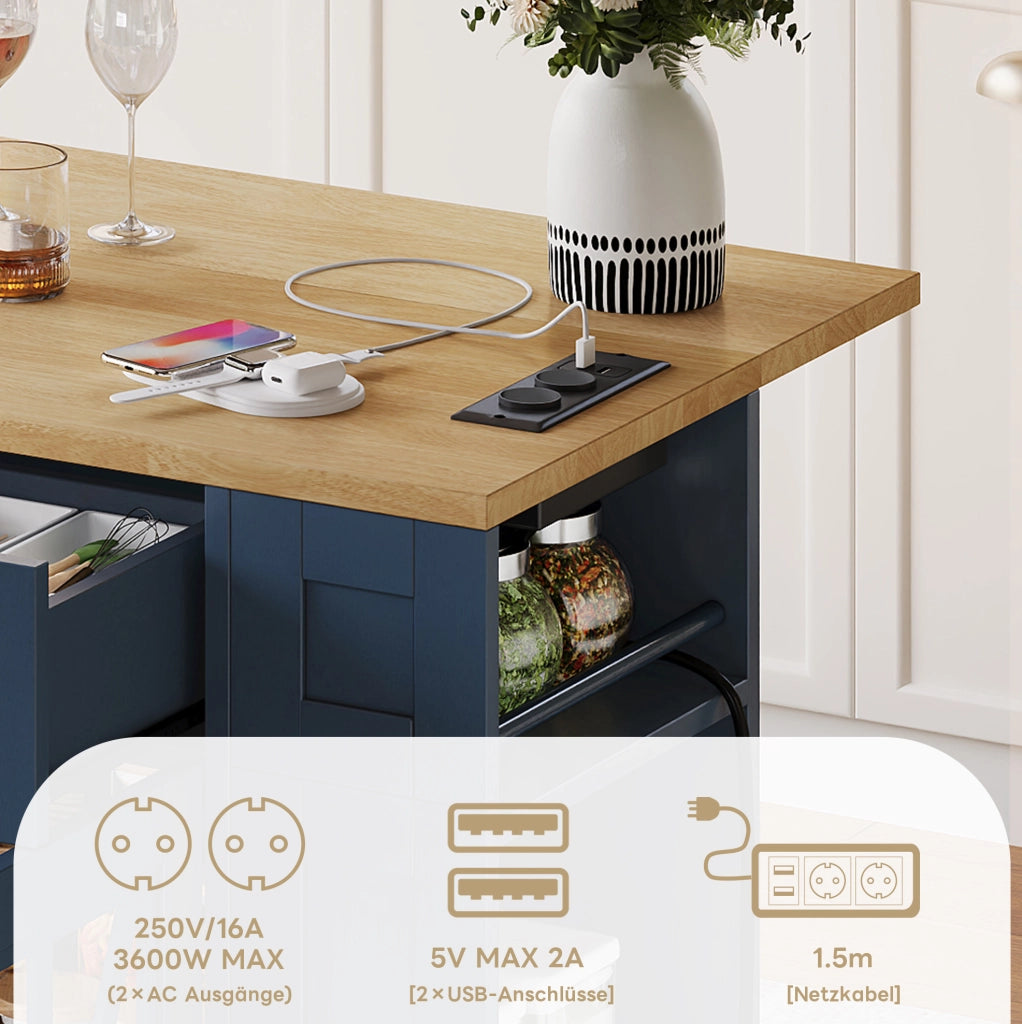Isola da cucina mobile 120 cm con tavolo pieghevole e prese