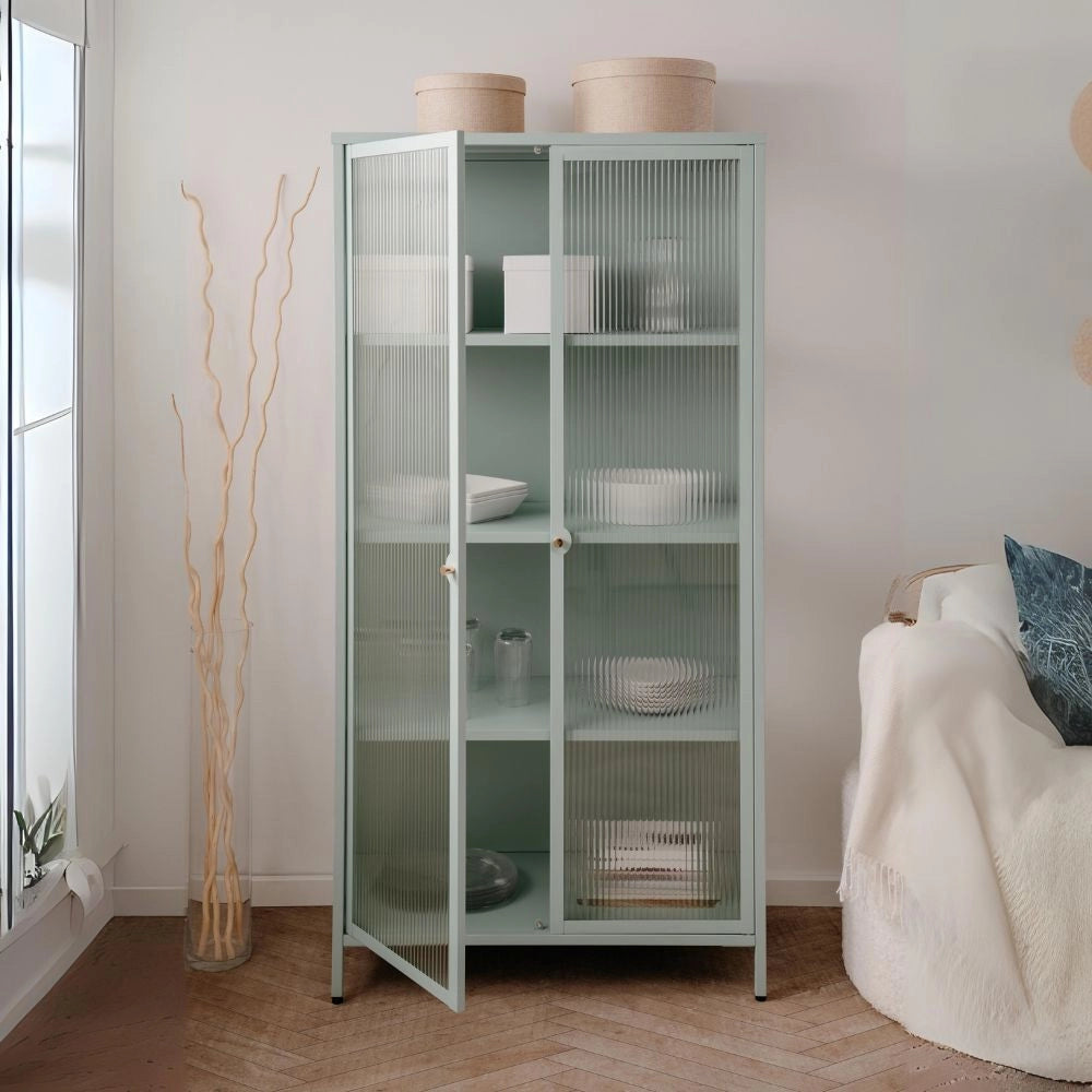Vetrina in vetro scanalato temperato e acciaio laminato verde menta 2 ante Milton52A 80x40x160H