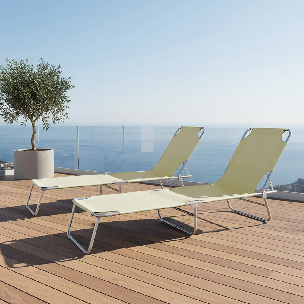 Coppia Lettini Prendisole Pieghevoli in Metallo  Reclinabili 4 Posizioni, Waterproof e Anti-UV, Portata 110 kg, Ideali per Mare Giardino Piscina Ecru