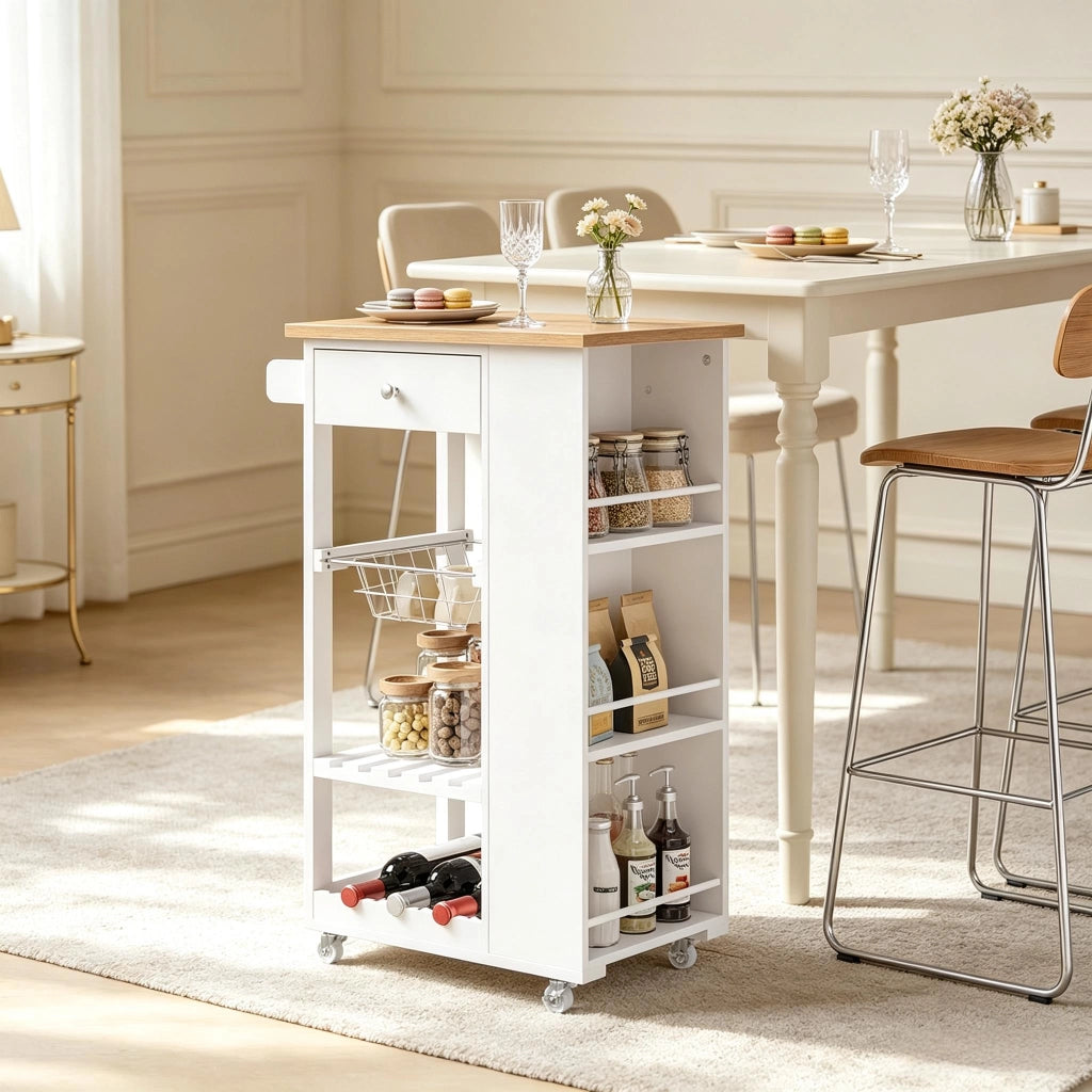 CARRELLO DA CUCINA 56,5x37x87 cm Bambù e MDF Bianco