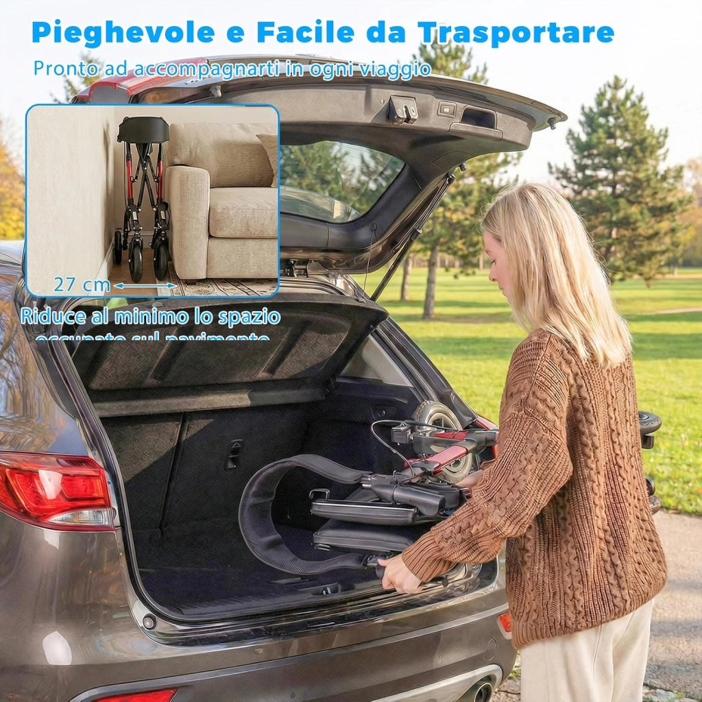 Deambulatore a Rotelle per Anziani, 2 in 1 Deambulatore Pieghevole con Seduta, Ammortizzatore, Schienale in Rete, Sospensione a Molla, 4 Ruote, Portacanne e Borsa Portaoggetti (Rosso)