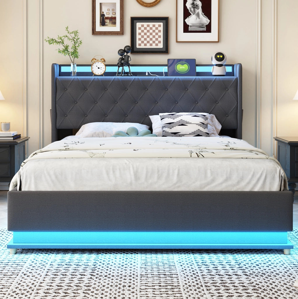 Letto imbottito LED 140x200 cm grigio con USB e vano contenitore idraulico