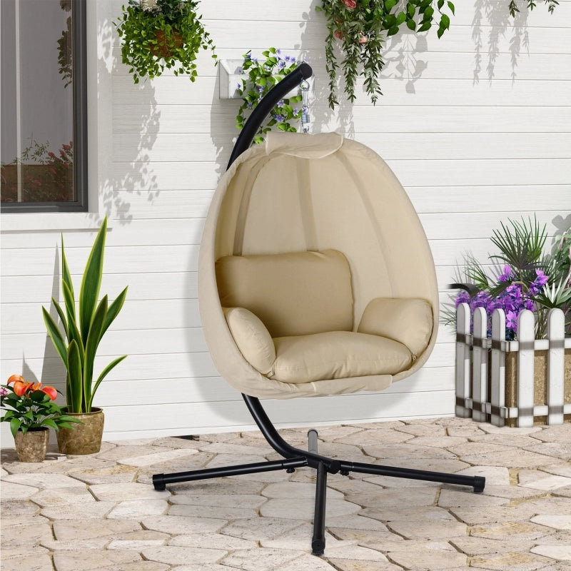 Sedia sospesa a forma di uovo con cuscino per uso interno ed esterno realizzata in metallo color kaki