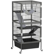 Gabbia per Piccoli Animali a 4 Livelli con Rampe, Piattaforme, Amaca e Ruote, 52x52x115 cm, Grigio