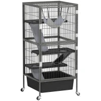 Gabbia per Piccoli Animali a 4 Livelli con Rampe, Piattaforme, Amaca e Ruote, 52x52x115 cm, Grigio