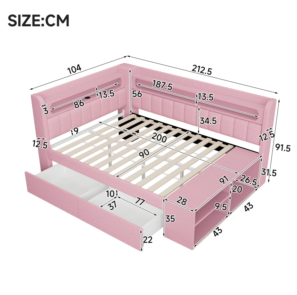 Letto singolo imbottito 90x200 cm rosa con LED e USB