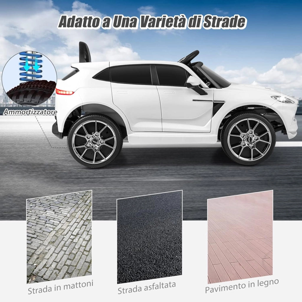 Aston Martin DBX Auto Elettrica per Bambini, 12 V Macchina Elettrica con Telecomando e Luci LED, Partenza Lenta Clacson, Regalo per Bambini 3-8 Anni (Bianco)