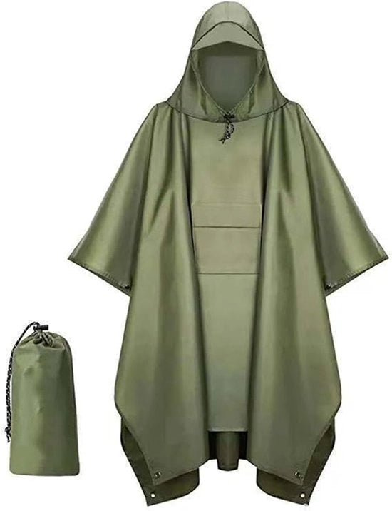 Poncho Impermeabile Multifunzionale - 210*140cm - Impermeabile Poncho Multifunzionale - Poncho con Cappuccio e Tasca Petto - con Tasca di Riposo - per Viaggi, Escursioni, Campeggio, Pesca - Verde