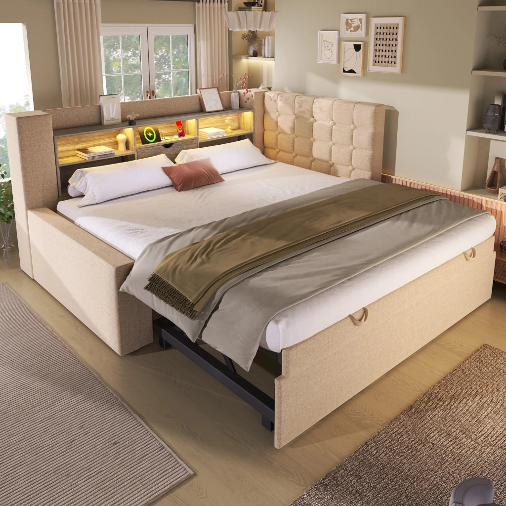 DESMIU Letto estraibile 90 × 200 cm 1 posto con LED, USB e Type-C, senza materasso, beige