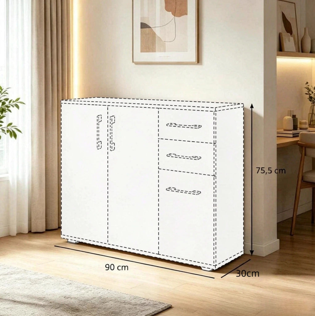 Credenza moderna bianca e naturale con 2 cassetti e vani contenitore