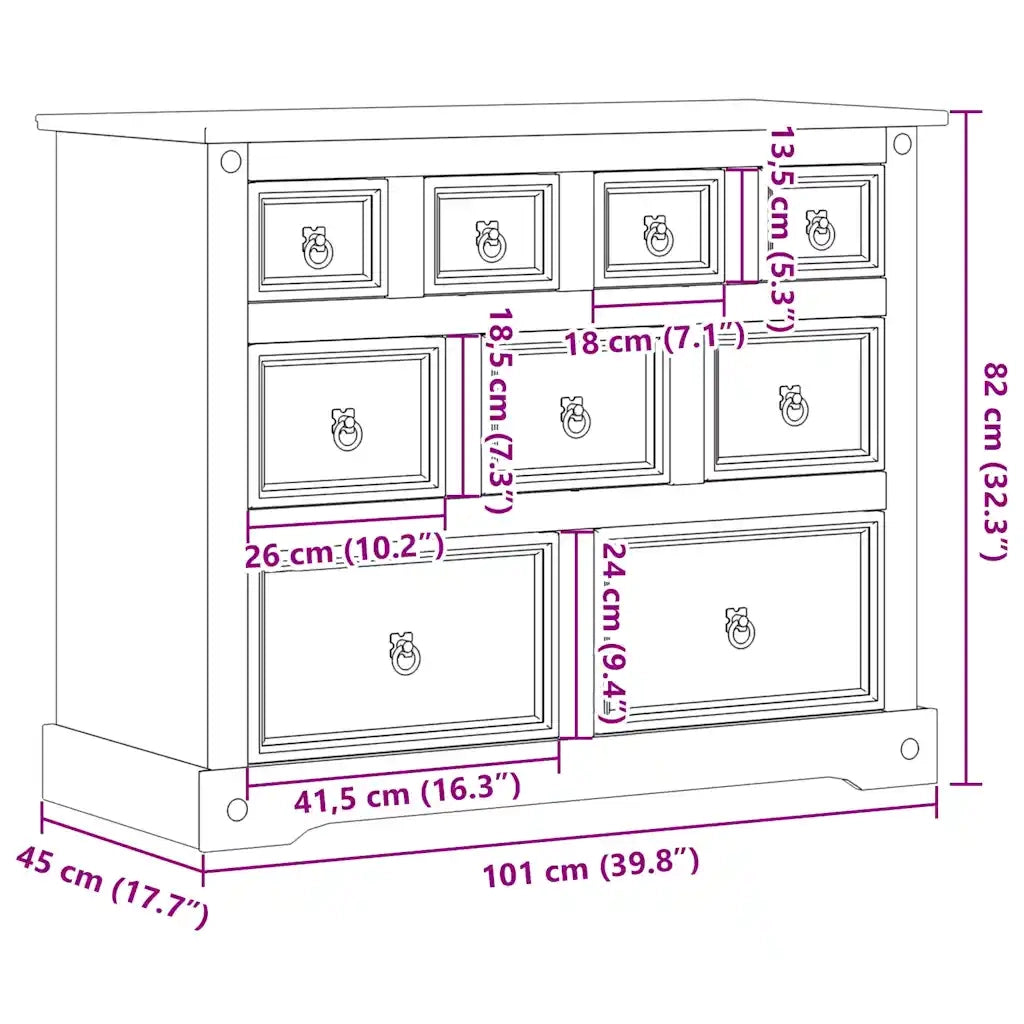 Cassettiera Corona 101x45x82 cm in Legno Massello di Pino