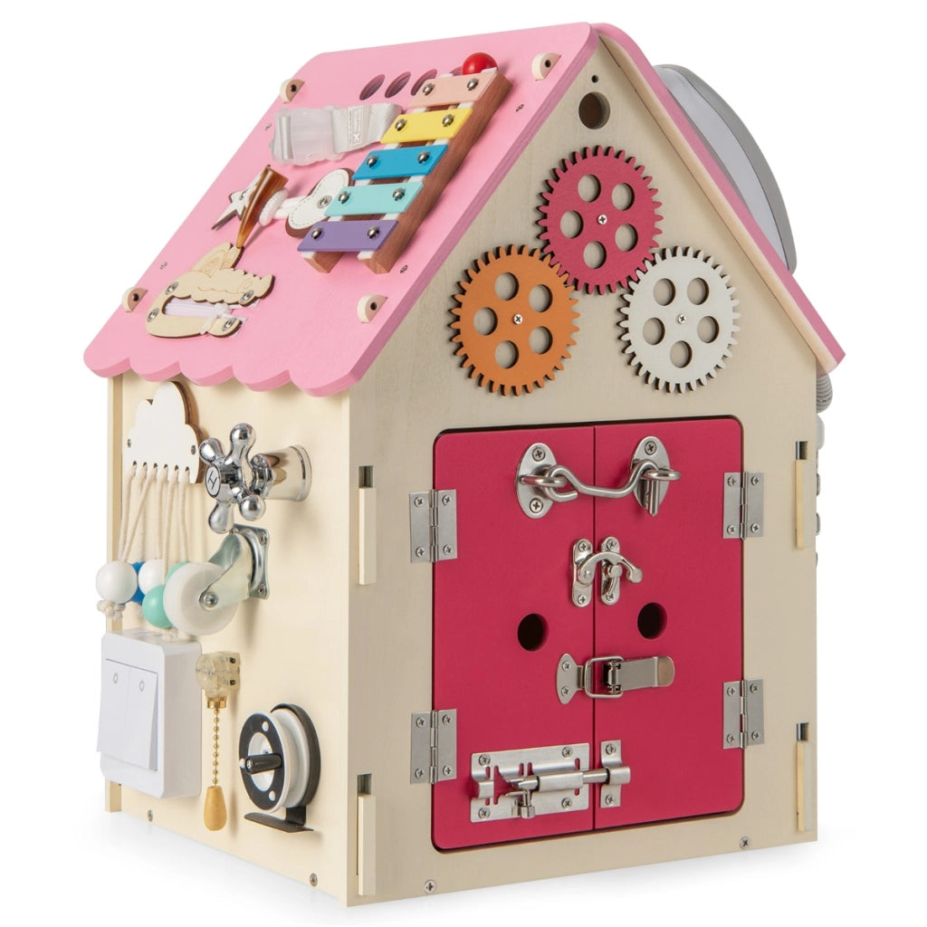 Casa giocattolo in legno degli ingranaggi-Montessori con giochi sensoriali e spazio interno per bambini Rosa