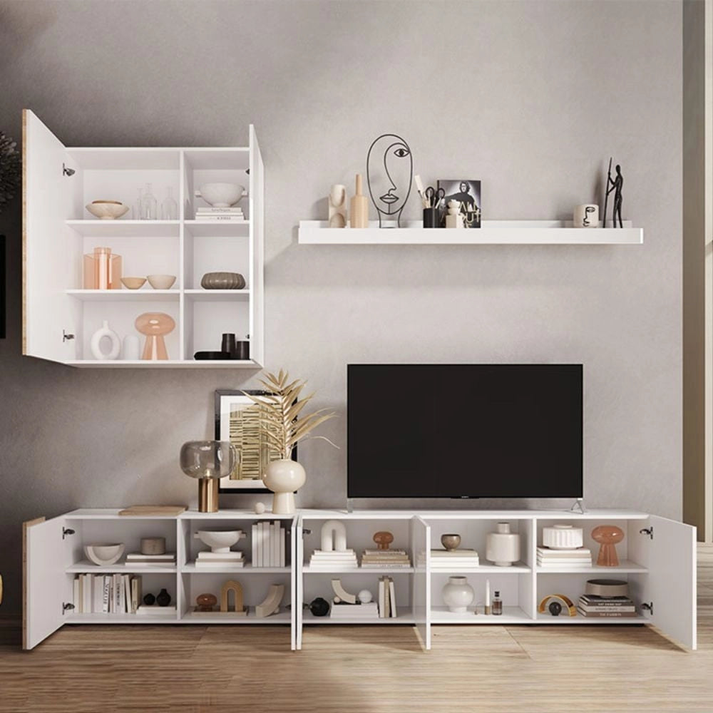 Parete attrezzata 301x44x195h Sabry colore bianco lucido rovere Kadiz