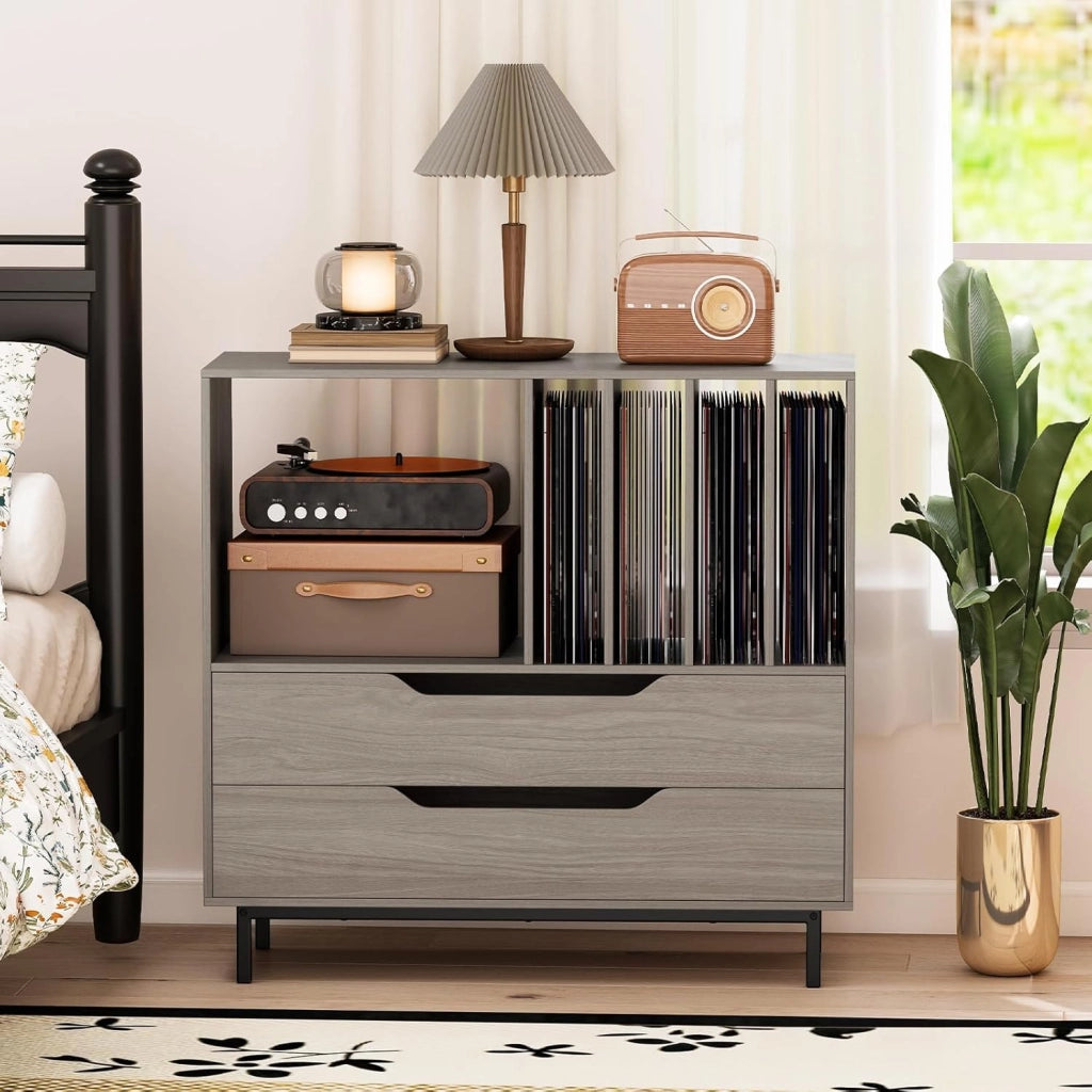 Supporto per Giradischi, Porta Dischi Vinile con 4 Ripiani per Vinili e 2 Cassetti, Armadio per Dischi Fino a 250 Album, per Soggiorno, Studio e Camera da Letto, 91 x 35 x 87 cm (Grigio)