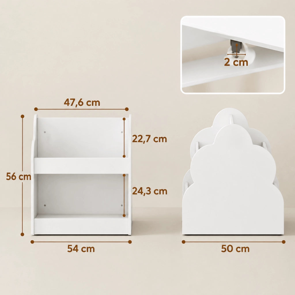 Scaffale per bambini con ruote, libreria bifacciale a 4 ripiani, bianco, 54 x 50 x 56 cm