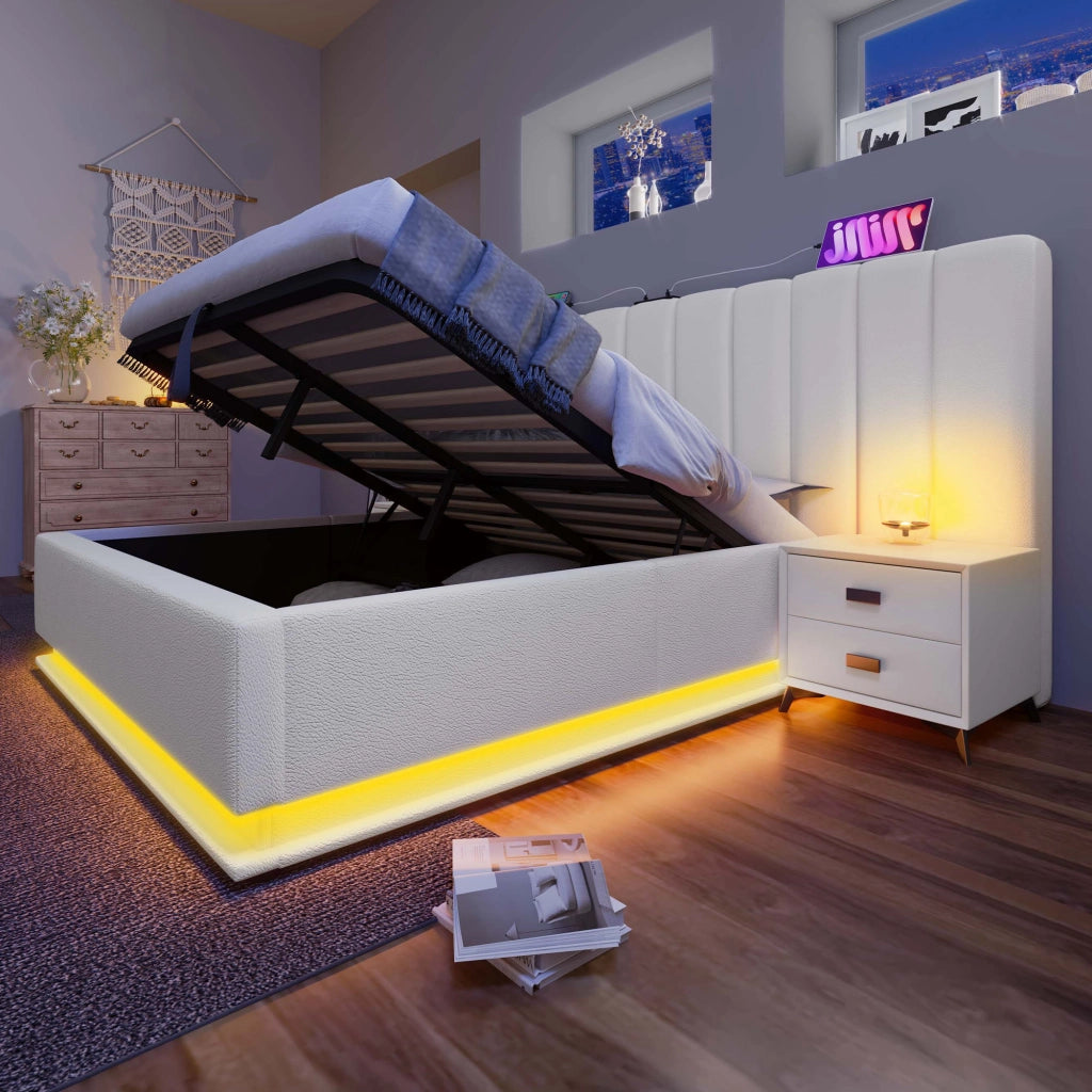 DESMIU Letto contenitore 2 posti con USB-C, LED regolabile e vano contenitore 180 × 200 cm, senza materasso