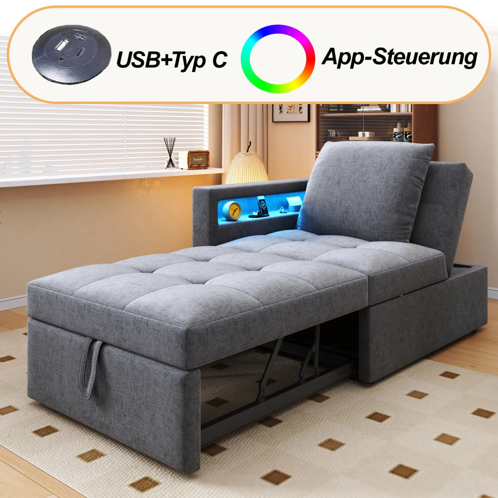 OKWISH Divano Letto 3 in 1, Schienale Regolabile in 5 Posizioni con LED, Porte USB-C e Cuscino, Tessuto di Lino, Grigio Chiaro