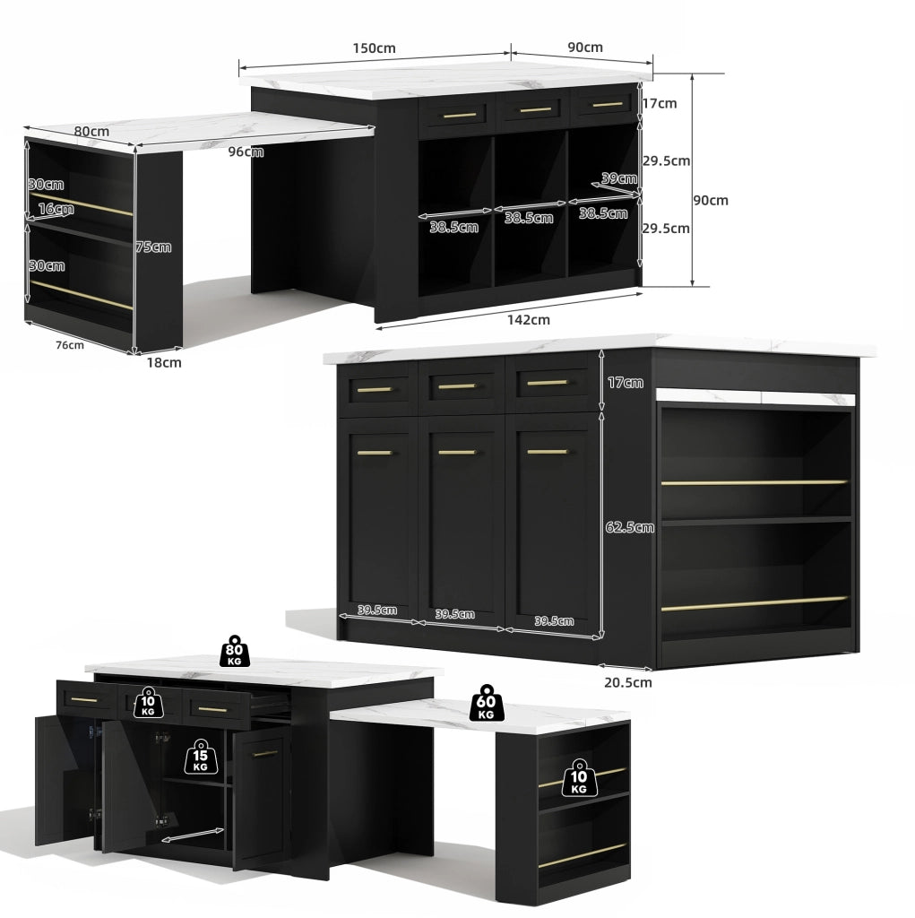 Isola da cucina con tavolo estraibile 150x90x90 cm in MDF nero e bianco marmo