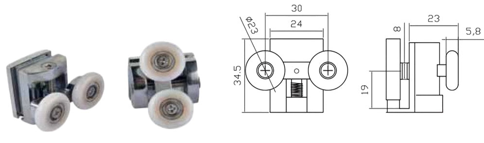 Coppia Cuscinetti Doppia Ruota Attacco Superiore Metallo Cromato Box Doccia – Ø23 mm – Vetro 8 mm – Foro 9 mm