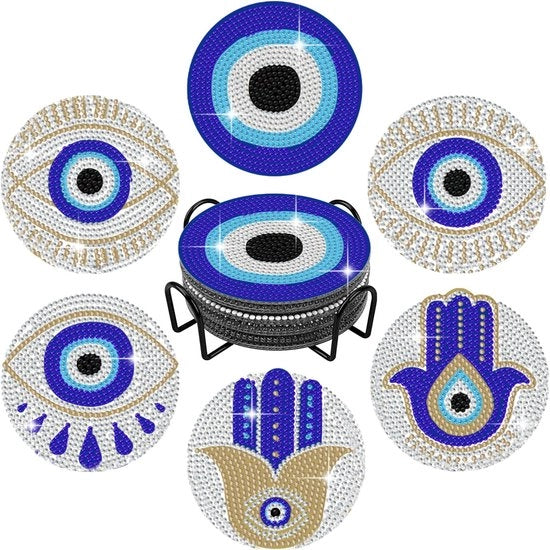 Set di verniciatura a diamanti 5D a 6 pezzi con supporto, set di verniciatura a diamanti DIY con tema "Occhio Cattivo Blu", accessori, set di verniciatura a diamanti Hamsa Mano per principianti e adulti, decorazione di interni boho.