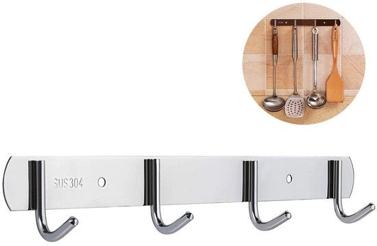 Ophanglijst in Acciaio Inox con Quattro Ganci Autoadesivi per Cucina e Bagno