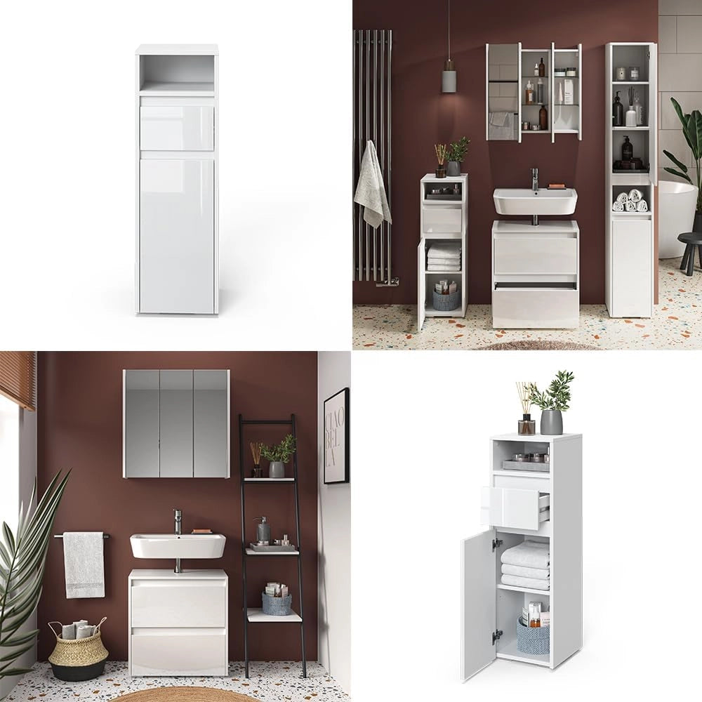 Mobiletto bagno Majest, Bianco lucido, 30.2 x 96.3 cm, per la conservazione di accessori da bagno e combinabile