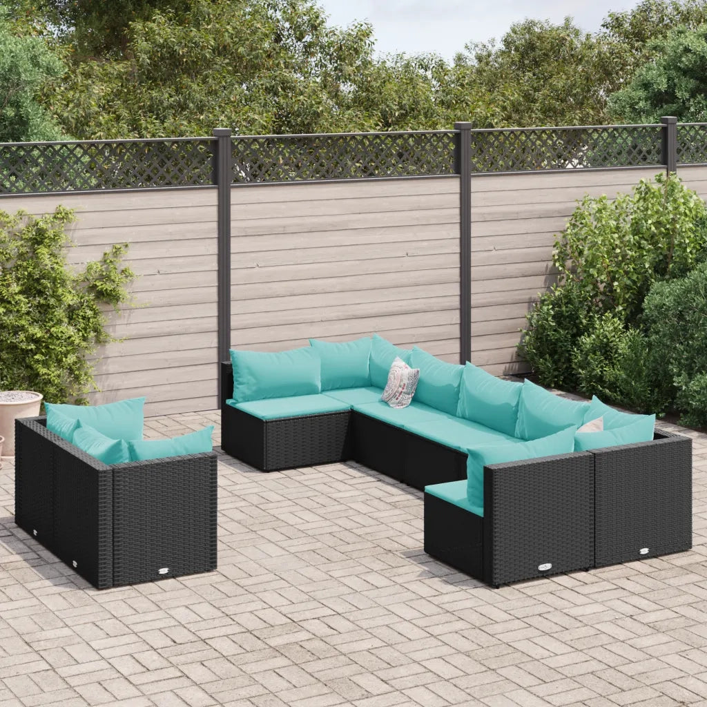 Set Divani da Giardino 9 pz con Cuscini Nero in Polyrattan 3308300