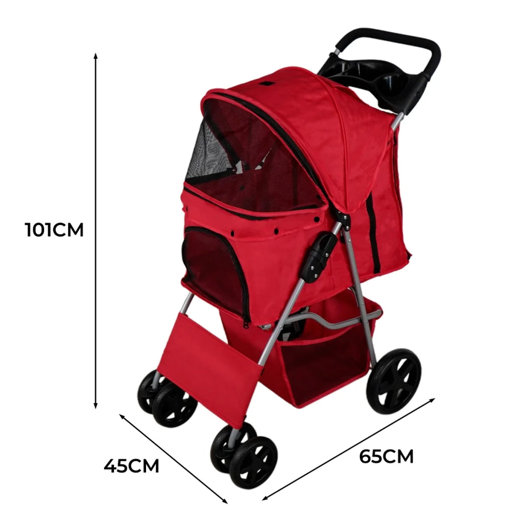 Passeggino per animali domestici Trasportino pieghevole Trolley da viaggio per gatti e cani Copertura anti-pioggia – Rosso