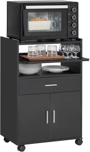 Mobiletto Cucina con Ruote e Piano Estraibile – Mobile Cucina Salvaspazio con Cassetto e Ante, Credenza Cucina, Carrello Cucina per Microonde, Ufficio o Sala da Pranzo Nero 59×40×92 cm FSB09-SCH