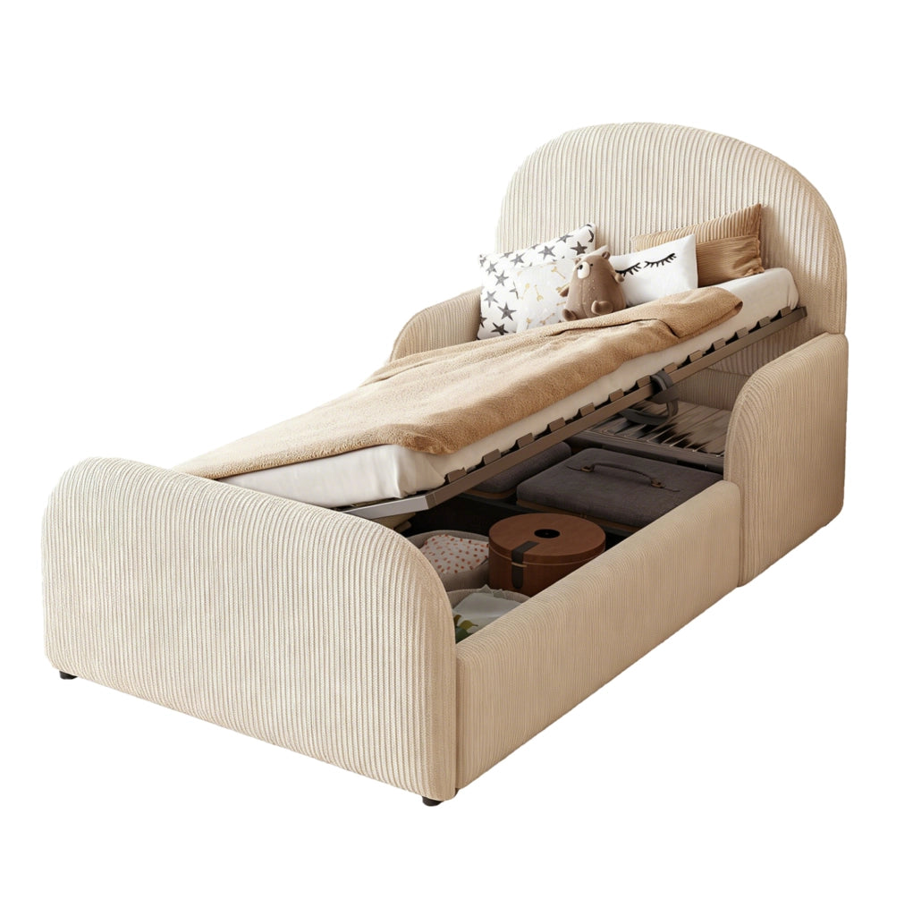 Letto imbottito 90x200 cm con contenitore idraulico; testiera alta in velluto beige