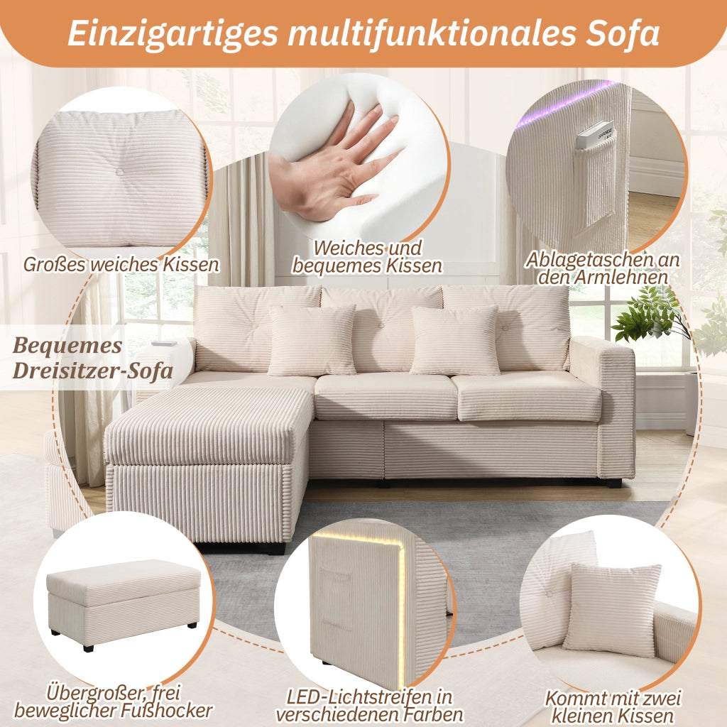 Divano modulare a L 3 posti - con LED e pouf multifunzione - in tessuto cord beige