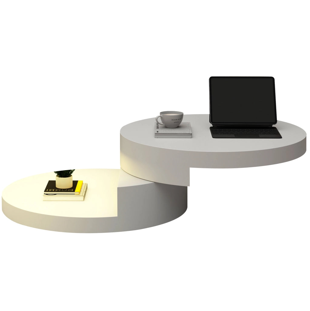 Tavolino rotondo girevole con LED, doppio piano e struttura in MDF