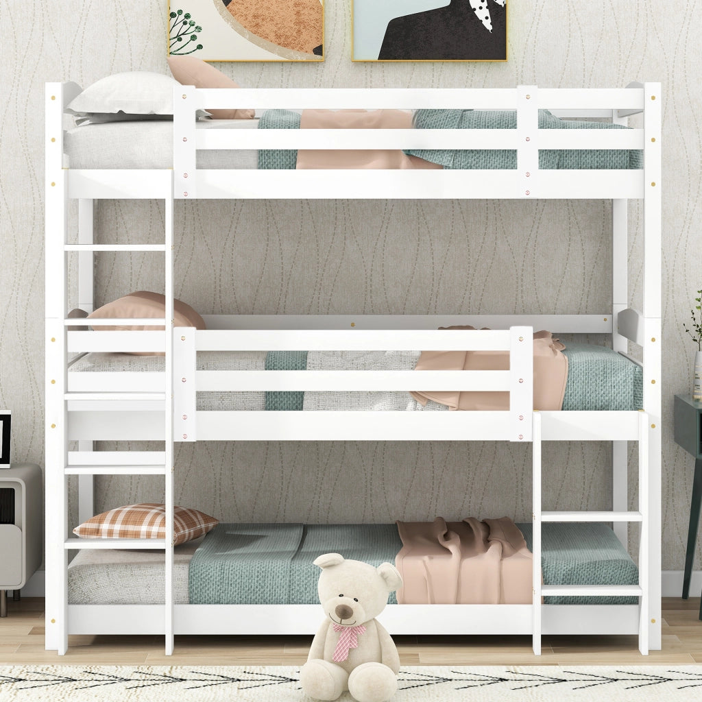 DESMIU Letto a castello 3 posti 90 × 200 cm con 2 scale, senza materasso, in pino, bianco