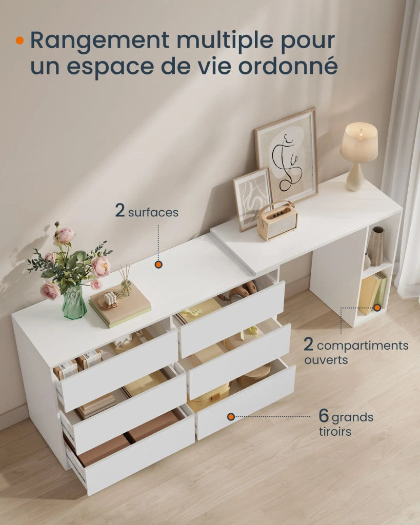 Comò da toeletta a montaggio rapido 39 x 120 x 72 cm cassettiera contenitore con ripiani affiancati o a L per camera da letto ufficio bianco 12_0006065