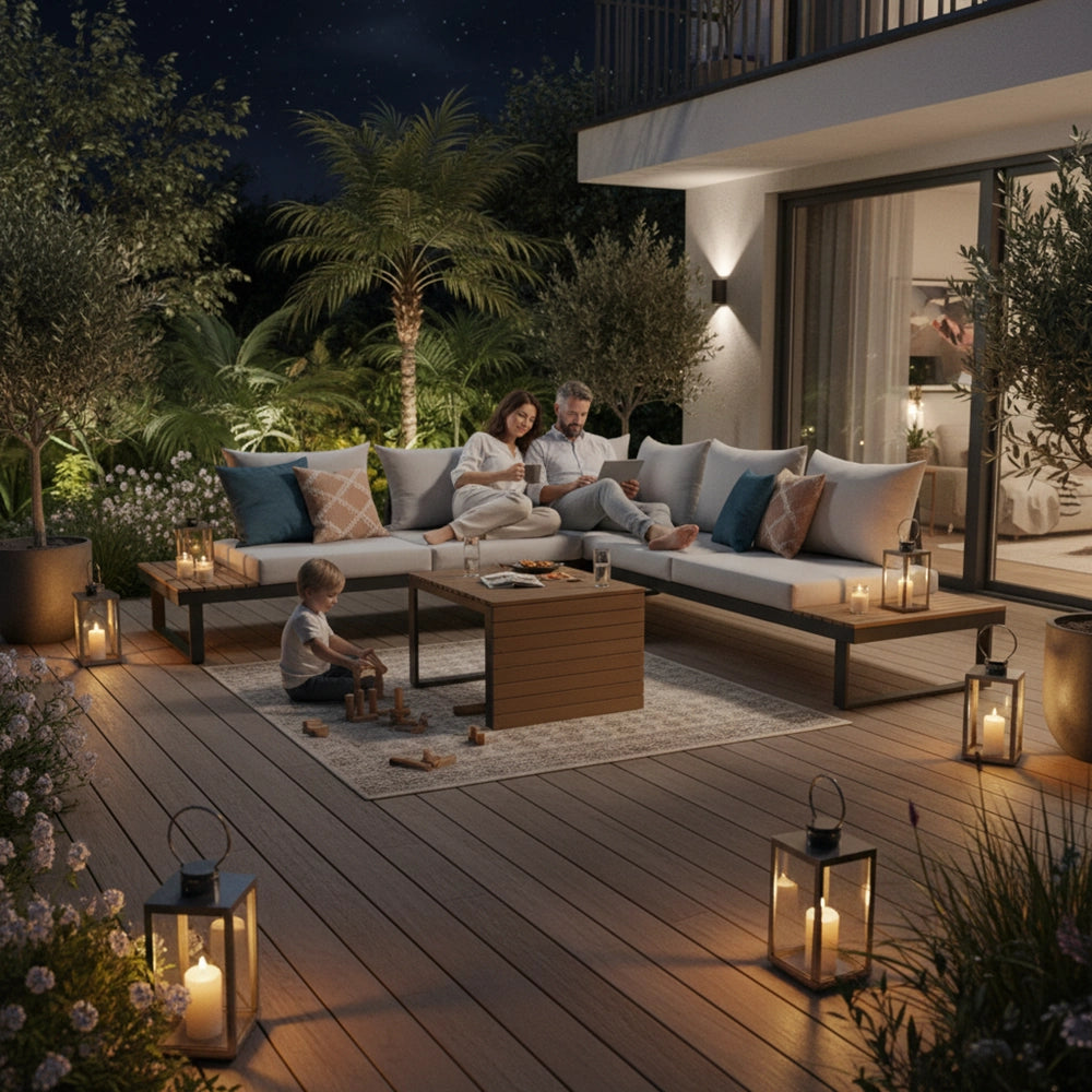 Set mobili da giardino MARBELLA con divano angolare e tavolino grigio