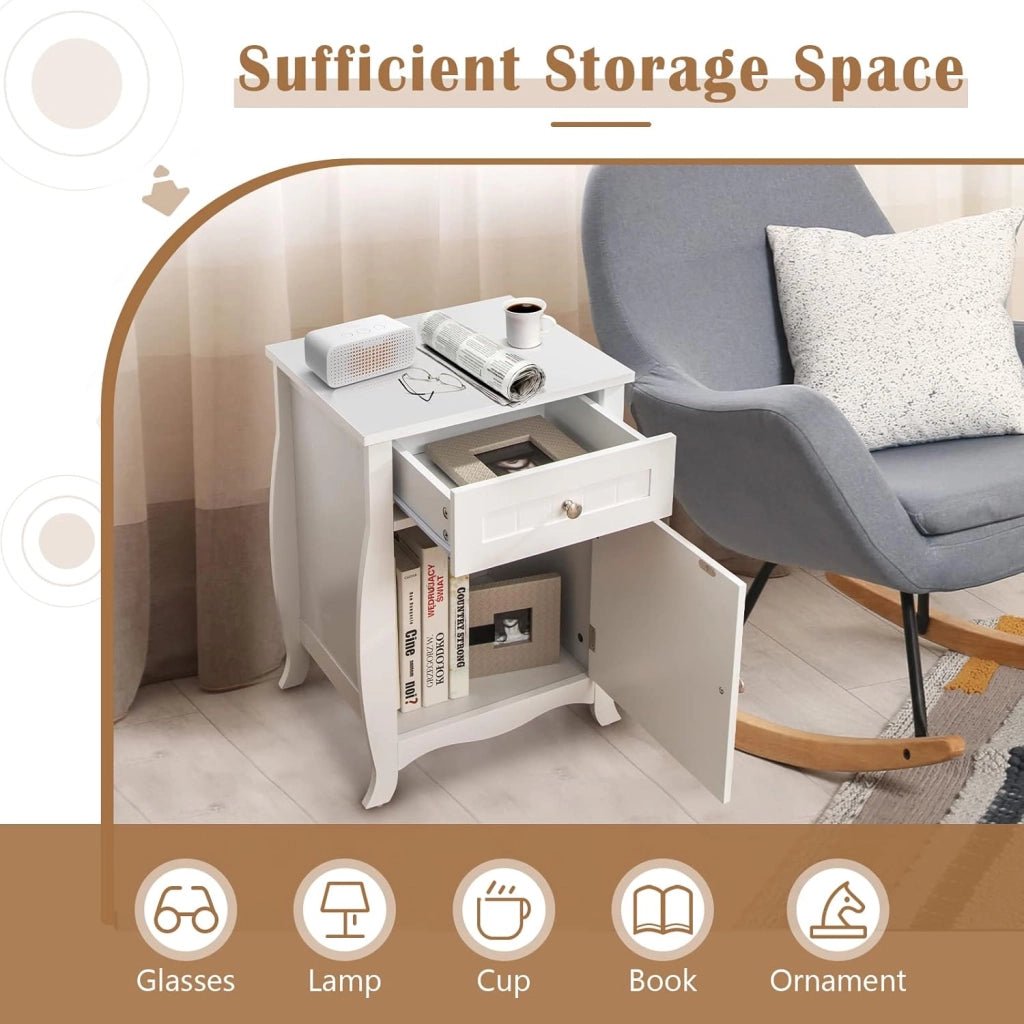 Comodino Bianco in Legno, Comodino con Cassetto e Armadio, per Camera da Letto, Soggiorno, 45 x 35 x 60,5 cm