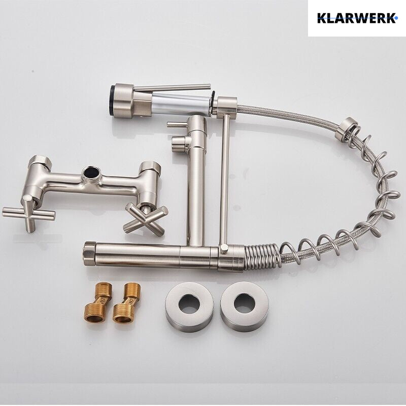 Bjorn | Rubinetto da parete gastronomia argent Rubinetto cucina professionale in acciaio inox con due doccette|doppio lavello da parete ristorante