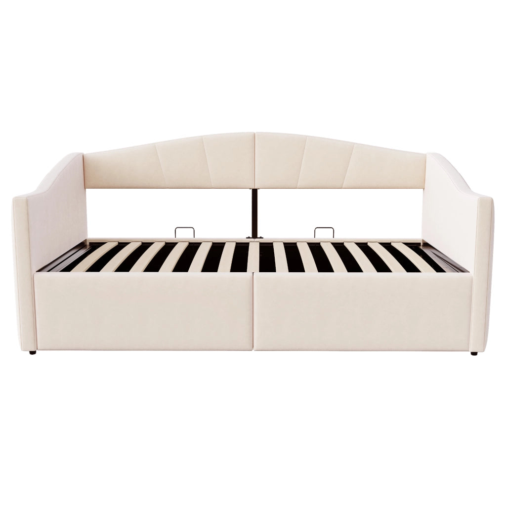 Letto contenitore singolo 90×200 cm con sollevamento idraulico e rete a doghe; senza materasso; velluto; beige