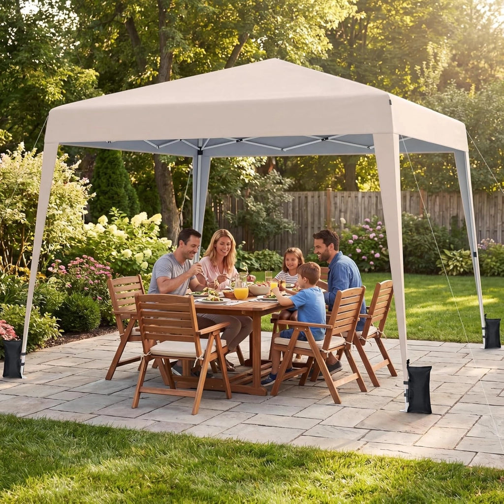 Gazebo da Giardino 3 x 3 M, Tendone Parasole con Telo Impermeabile e Resistente, Sacchi di Sabbia, Pieghevole, Portatile e Altezza Regolabile, per Esterno, Mercati, Fiere e Campeggio (Beige)