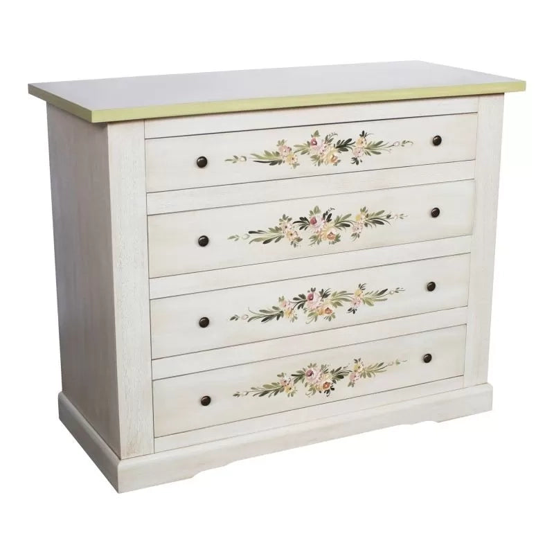 Cassettiera 4 cassetti legno shabby bianco anticato decori filo verde 115x50x90 - Mobili 2G