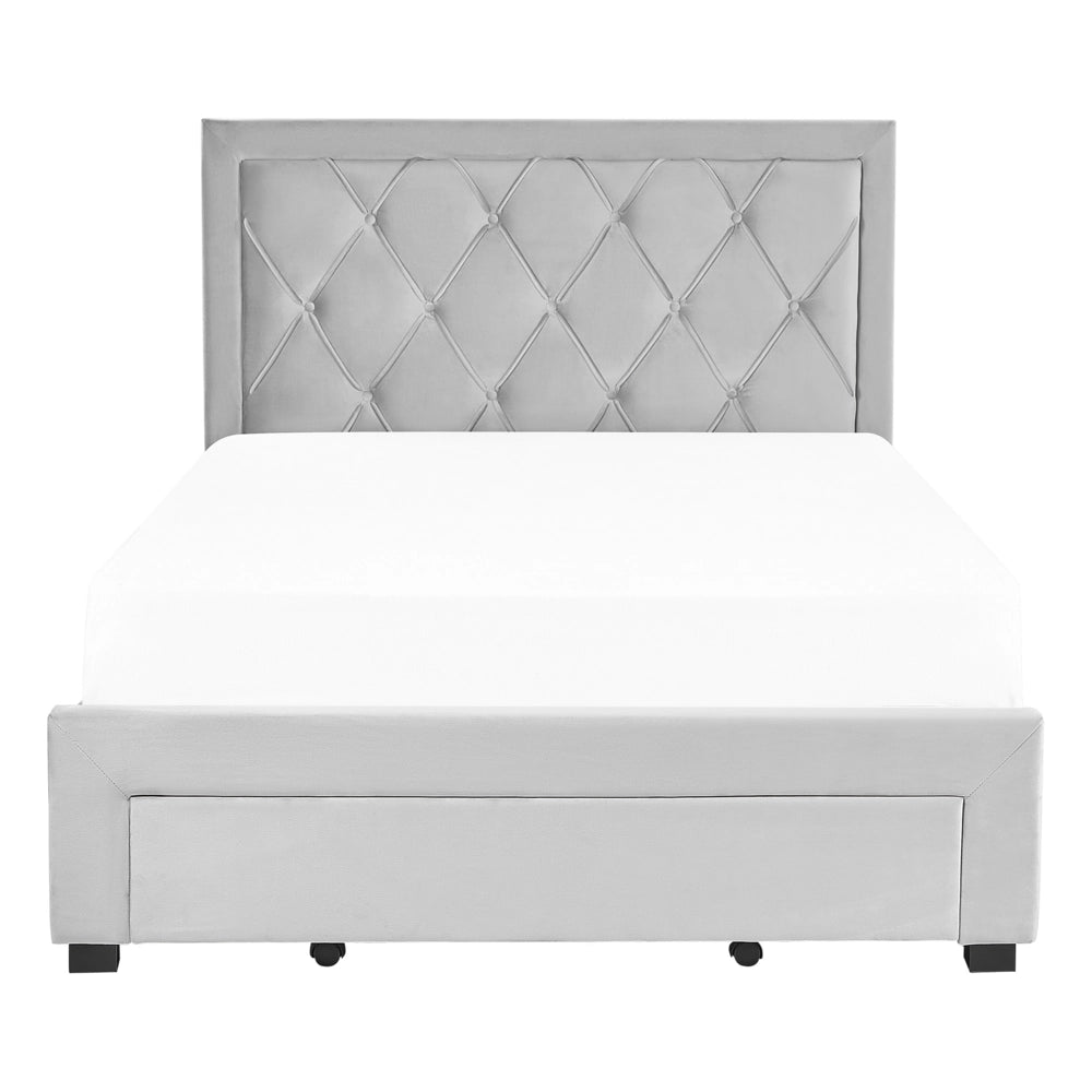 Letto contenitore tappezzeria in velluto grigio chiaro 140 x 200 cm trapuntato testiera alta cassetti Glam Design