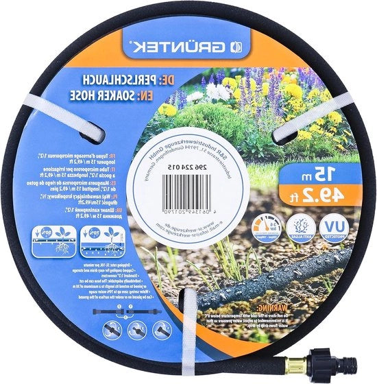 Irrigatore a Goccia per Pelli Porose - Lunghezza 15m - Con Connettore - Diametro 1/2" - Flusso 5L-10L al Minuto