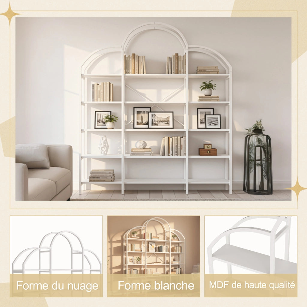 Libreria a 5 ripiani in MDF e metallo con decorazione a forma di nuvola, bianca, 170 × 26 × 190 cm