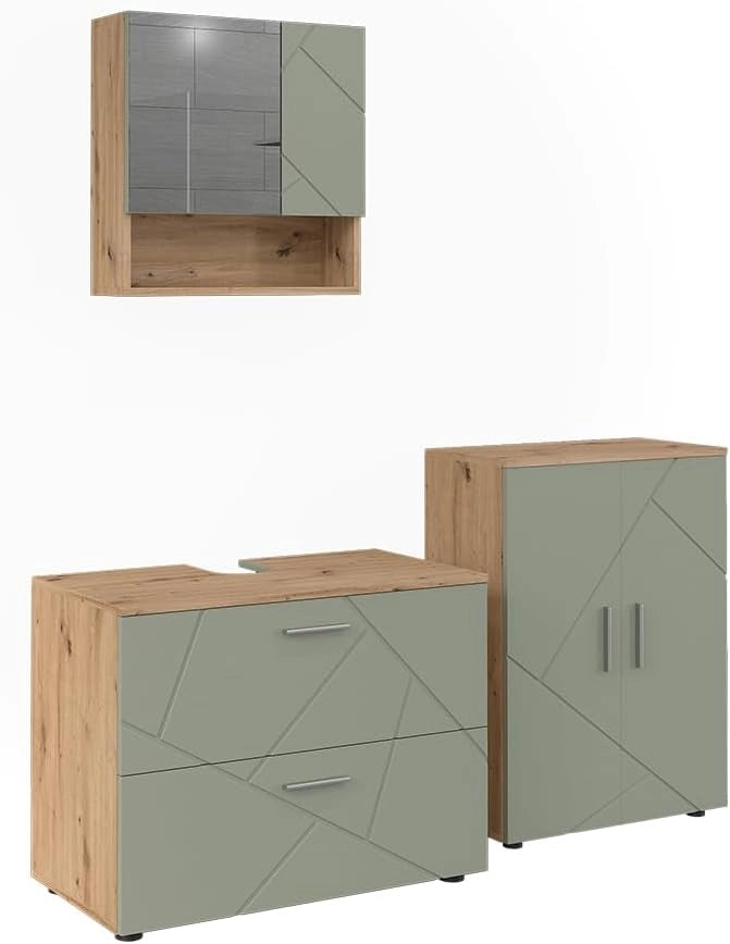 Set di mobili da bagno Irma, Verde salvia, 80 cm, composto da mobile sottolavabo, specchiera e mobile medio
