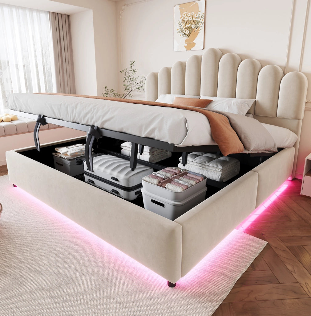 Letto matrimoniale imbottito con contenitore 180x200 cm in velluto beige; con LED e testiera comfort