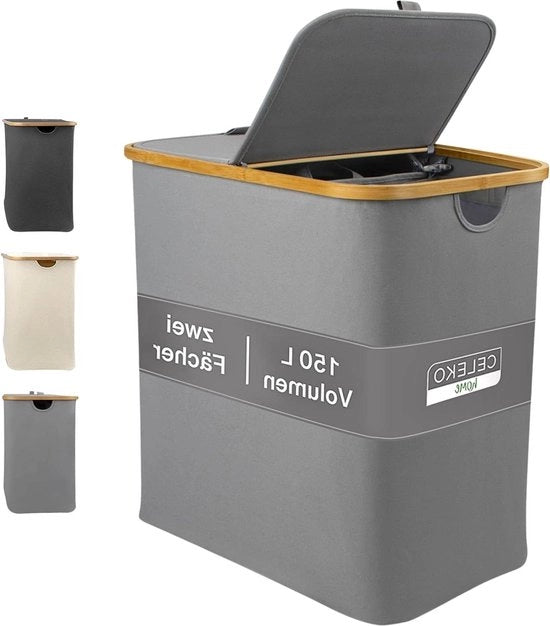 Cestello a 2 vanità con imbottitura in bambù 150 litri grigio chiaro - Lavastazione grande con coperchio - Raccoglitore di abiti