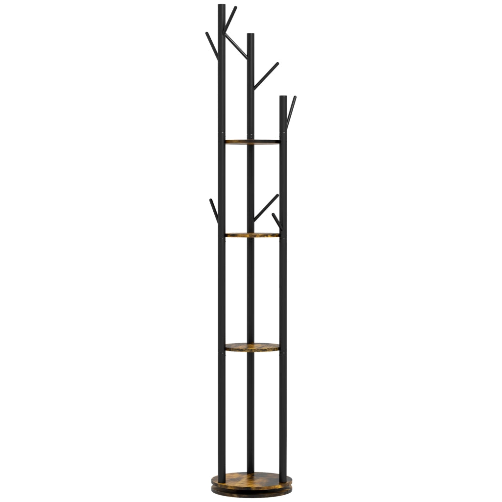 Appendiabiti da Terra Girevole con 8 Ganci e 4 Mensole in Stile Industriale, ?30x175cm, Marrone
