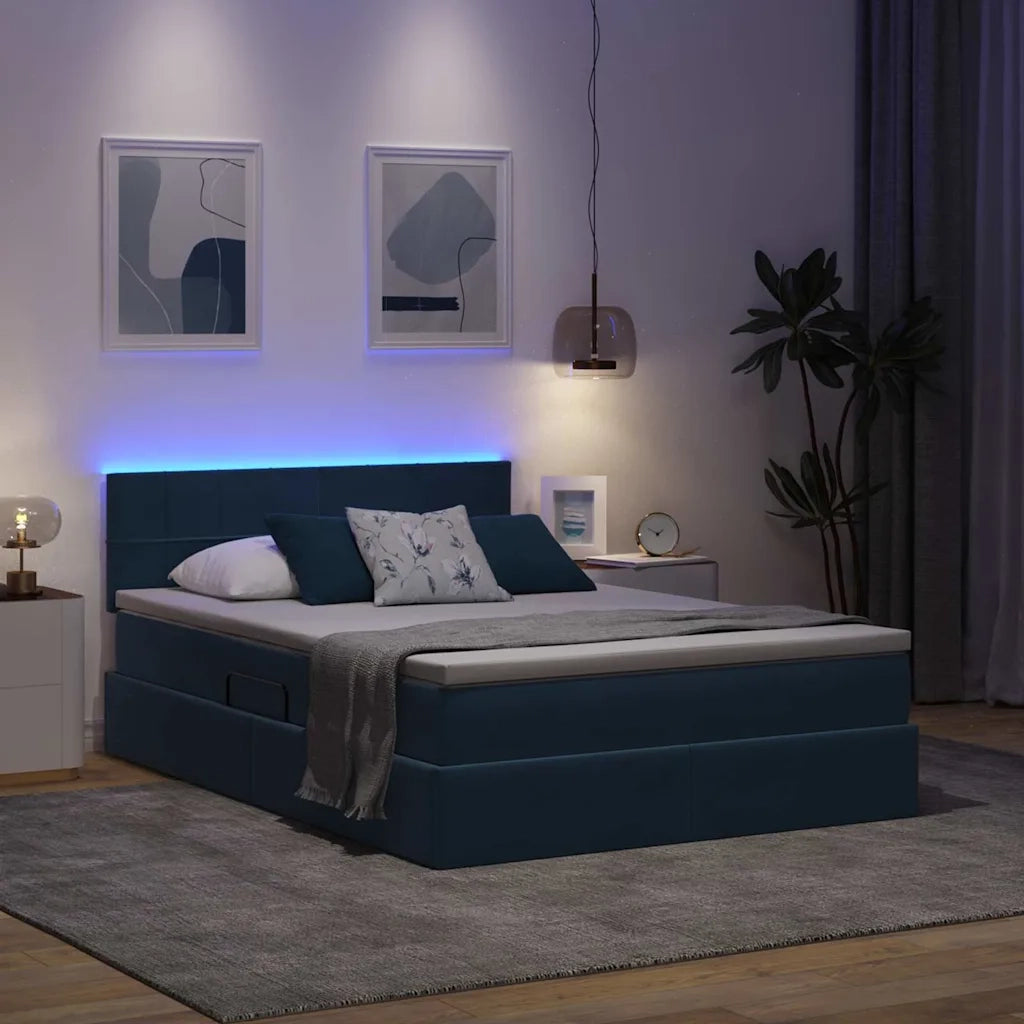 Letto con contenitore LED e materasso Blu Scuro 140 x 190 cm